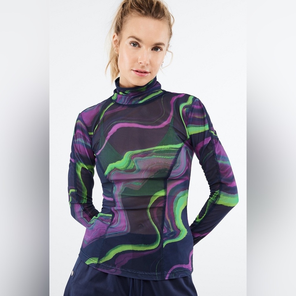 Fabletics Felicity Mesh Long Sleeve Top XS Turtleneck Purple Sheer Activewear